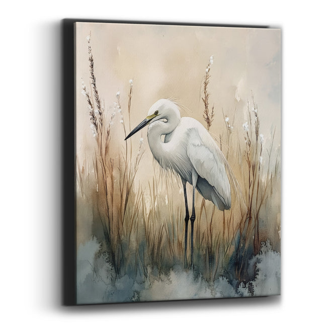 White Egret Marsh Reeds Coastal Canvas Wall Art