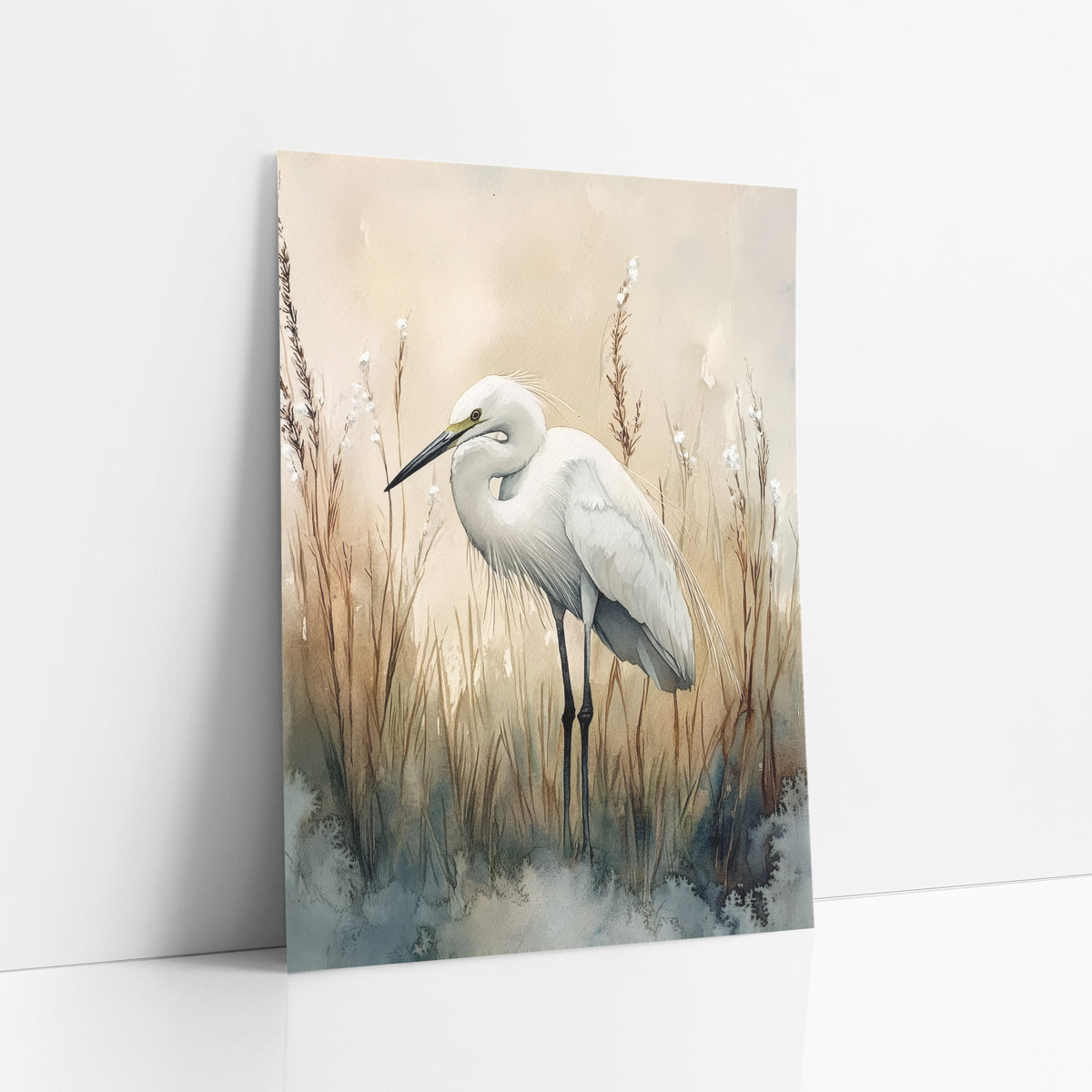 White Egret Marsh Reeds Coastal art print leaning against a white wall – white egret with a curved neck standing in tall