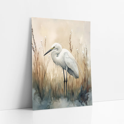 White Egret Marsh Reeds Coastal art print leaning against a white wall – white egret with a curved neck standing in tall