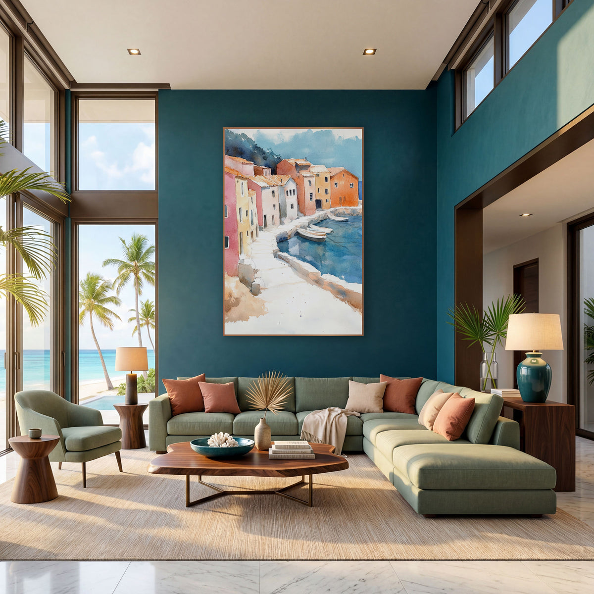 Colorful Harbor Village Watercolor Coastal wall art in a bright coastal-style room – watercolor-style harbor village
