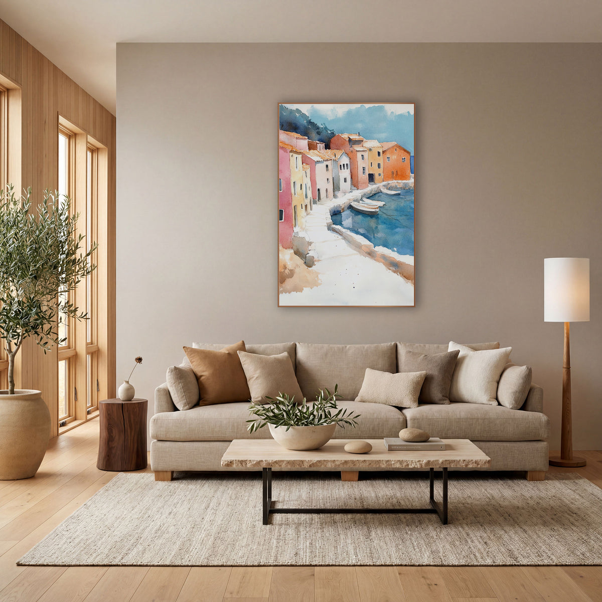 Colorful Harbor Village Watercolor Coastal wall art in a bright coastal-style room – watercolor-style harbor village
