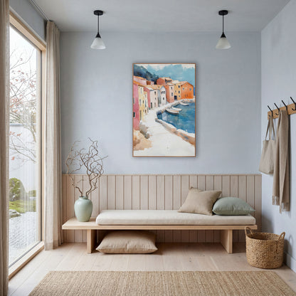 Colorful Harbor Village Watercolor Coastal wall art in a bright coastal-style room – watercolor-style harbor village