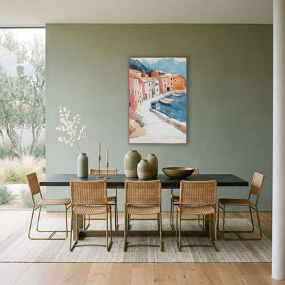 Colorful Harbor Village Watercolor Coastal wall art in a bright coastal-style room – watercolor-style harbor village