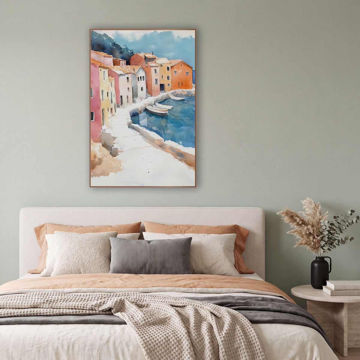Colorful Harbor Village Watercolor Coastal wall art in a bright coastal-style room – watercolor-style harbor village