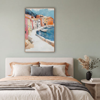 Colorful Harbor Village Watercolor Coastal wall art in a bright coastal-style room – watercolor-style harbor village