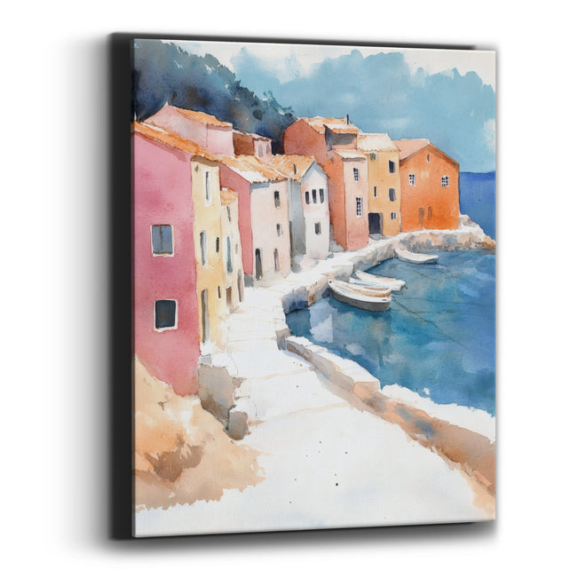Colorful Harbor Village Watercolor Coastal Canvas Wall Art
