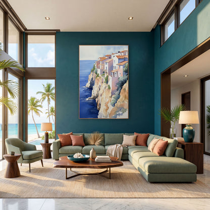 Terracotta Roofs Overlook Seaside Boho wall art in a bright coastal-style room – watercolor of white and pink houses