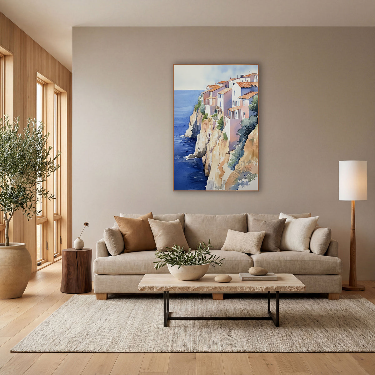 Terracotta Roofs Overlook Seaside Boho wall art in a bright coastal-style room – watercolor of white and pink houses