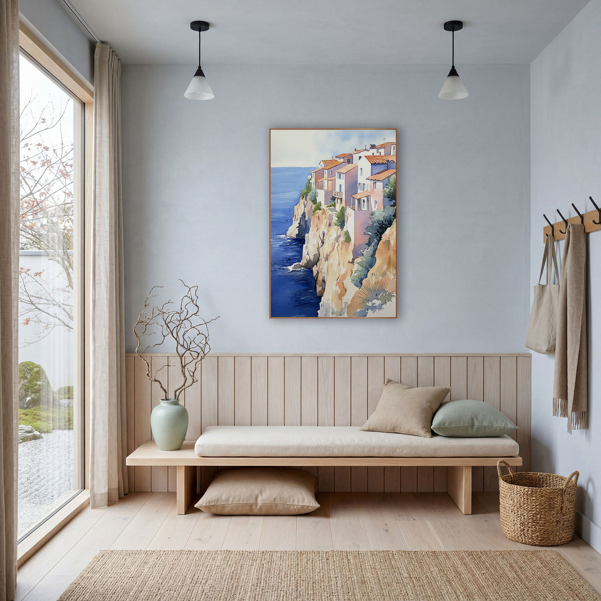 Terracotta Roofs Overlook Seaside Boho wall art in a bright coastal-style room – watercolor of white and pink houses