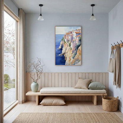 Terracotta Roofs Overlook Seaside Boho wall art in a bright coastal-style room – watercolor of white and pink houses