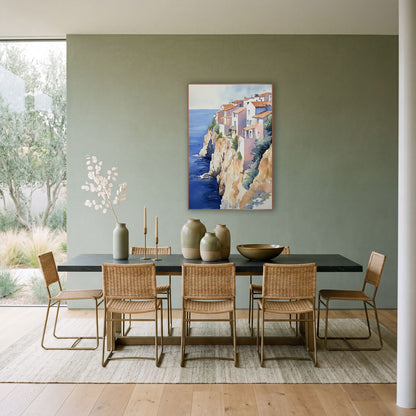 Terracotta Roofs Overlook Seaside Boho wall art in a bright coastal-style room – watercolor of white and pink houses