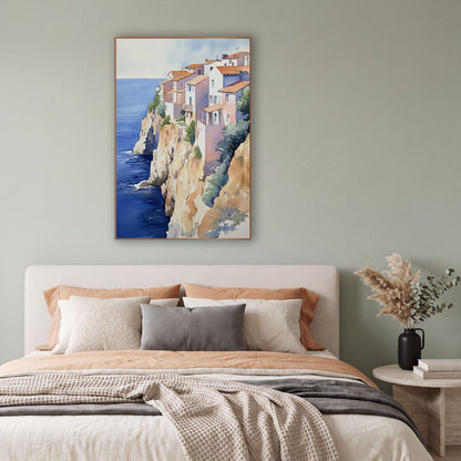 Terracotta Roofs Overlook Seaside Boho wall art in a bright coastal-style room – watercolor of white and pink houses