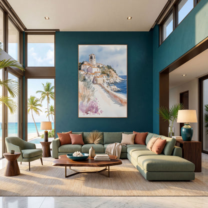 Hillside Seaside Village Watercolor Coastal wall art in a bright coastal-style room – watercolor-style seaside village