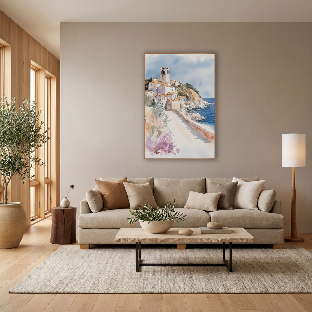 Hillside Seaside Village Watercolor Coastal wall art in a bright coastal-style room – watercolor-style seaside village