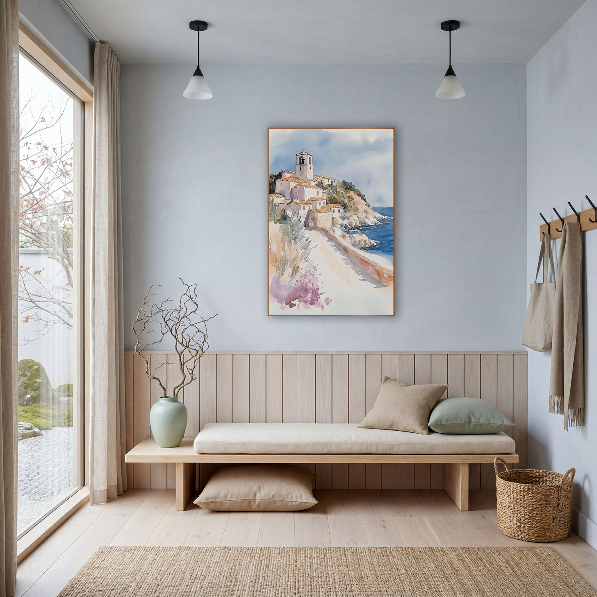 Hillside Seaside Village Watercolor Coastal wall art in a bright coastal-style room – watercolor-style seaside village