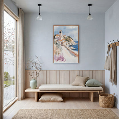 Hillside Seaside Village Watercolor Coastal wall art in a bright coastal-style room – watercolor-style seaside village