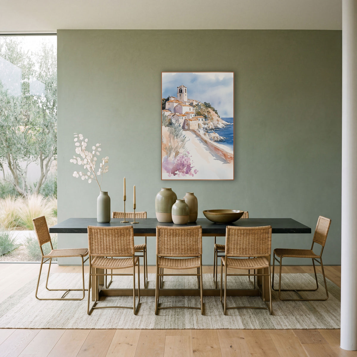 Hillside Seaside Village Watercolor Coastal wall art in a bright coastal-style room – watercolor-style seaside village