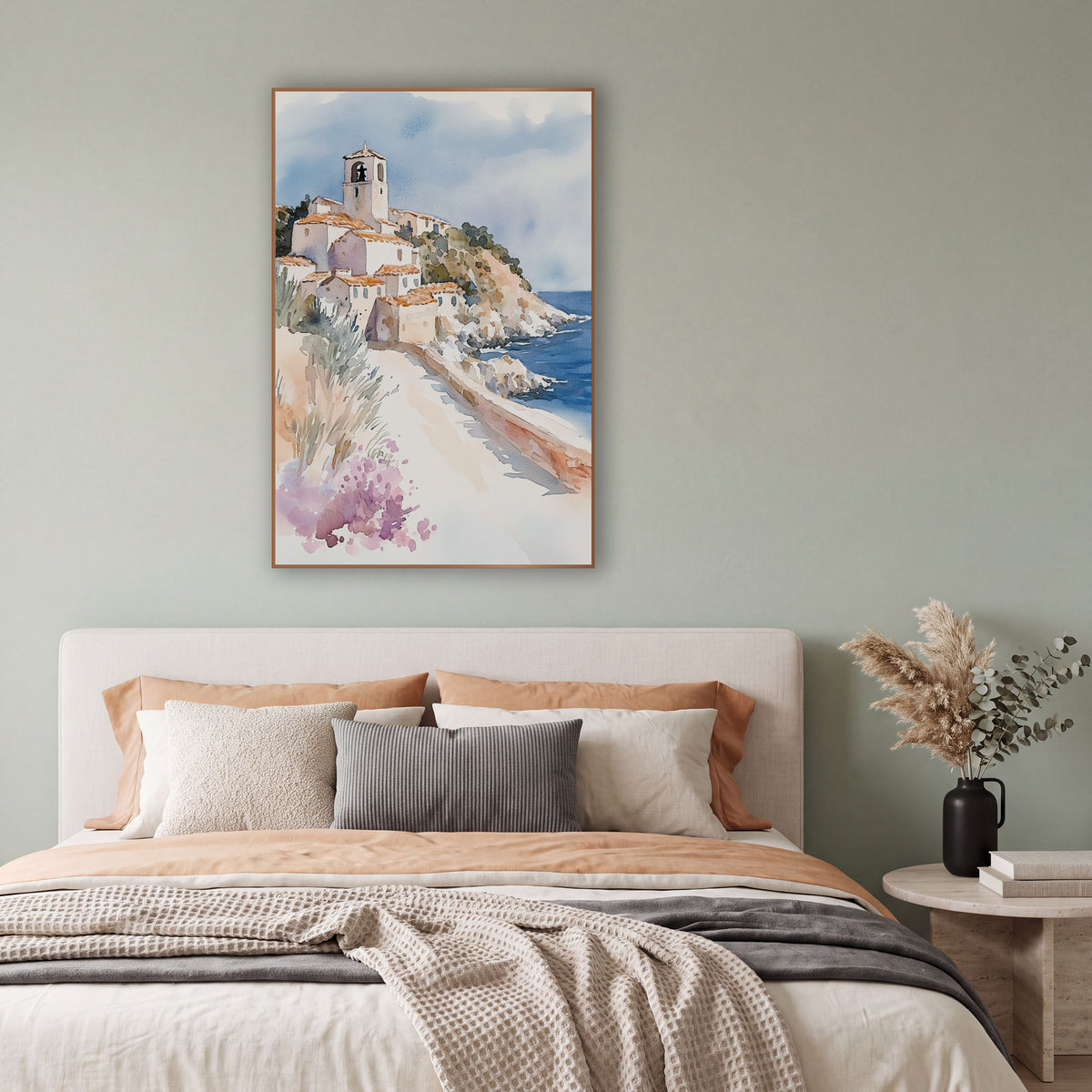 Hillside Seaside Village Watercolor Coastal wall art in a bright coastal-style room – watercolor-style seaside village
