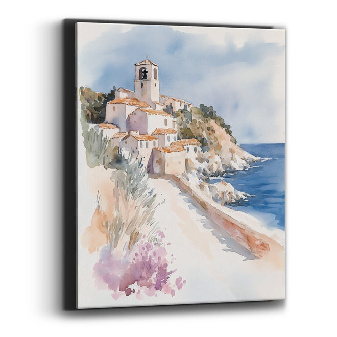 Hillside Seaside Village Watercolor Coastal Canvas Wall Art