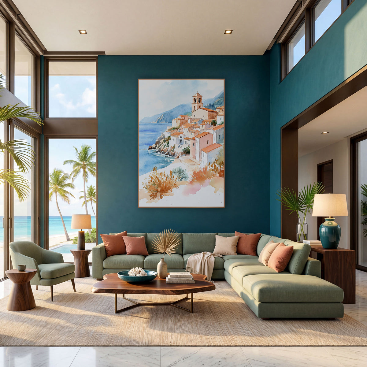 Terracotta Hillside Village Coastal Watercolor wall art in a bright coastal-style room – watercolor of a hillside
