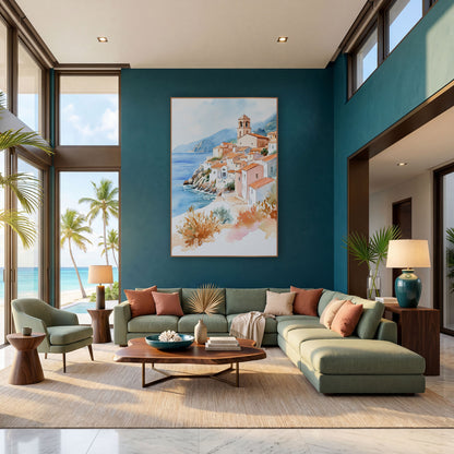 Terracotta Hillside Village Coastal Watercolor wall art in a bright coastal-style room – watercolor of a hillside