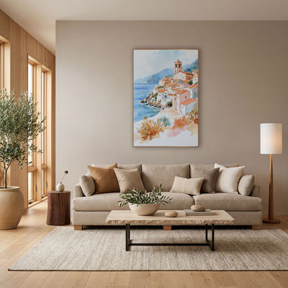 Terracotta Hillside Village Coastal Watercolor wall art in a bright coastal-style room – watercolor of a hillside