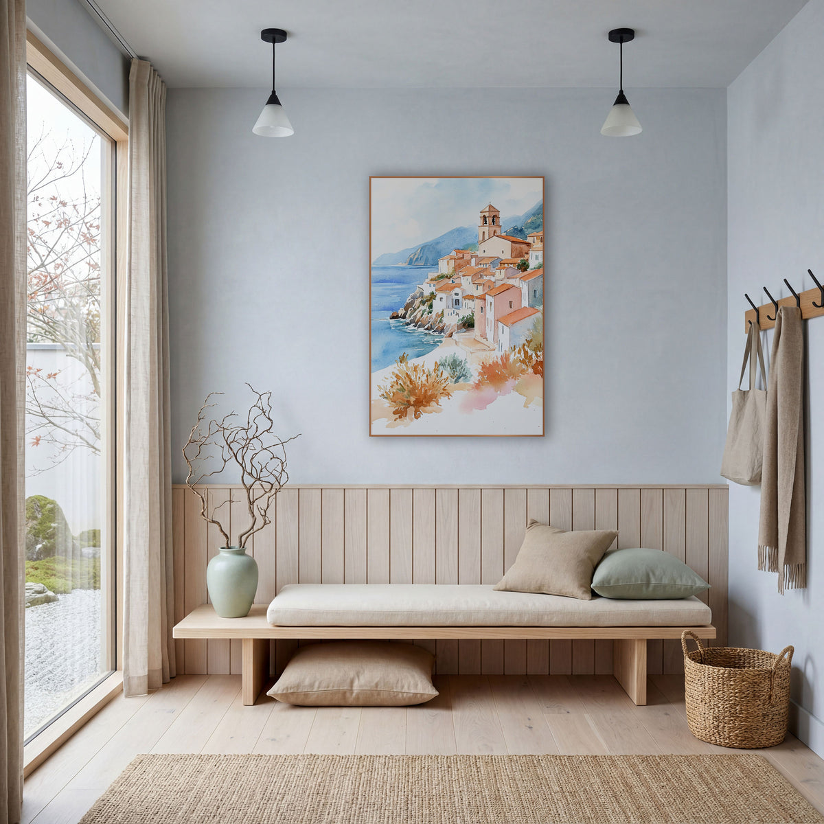 Terracotta Hillside Village Coastal Watercolor wall art in a bright coastal-style room – watercolor of a hillside