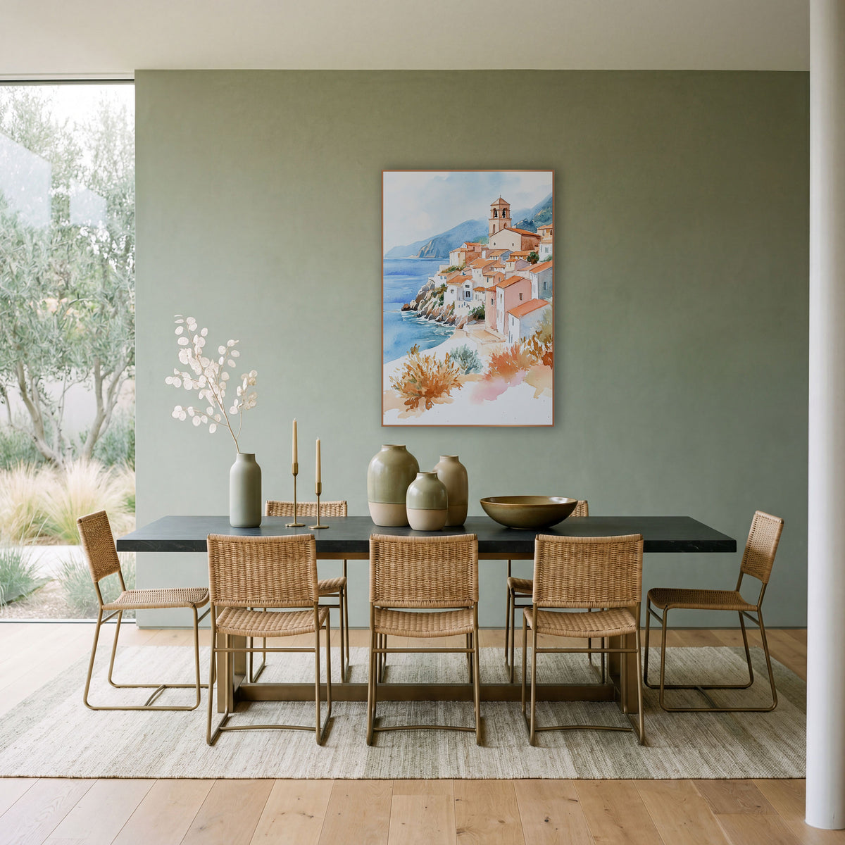 Terracotta Hillside Village Coastal Watercolor wall art in a bright coastal-style room – watercolor of a hillside