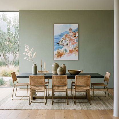 Terracotta Hillside Village Coastal Watercolor wall art in a bright coastal-style room – watercolor of a hillside