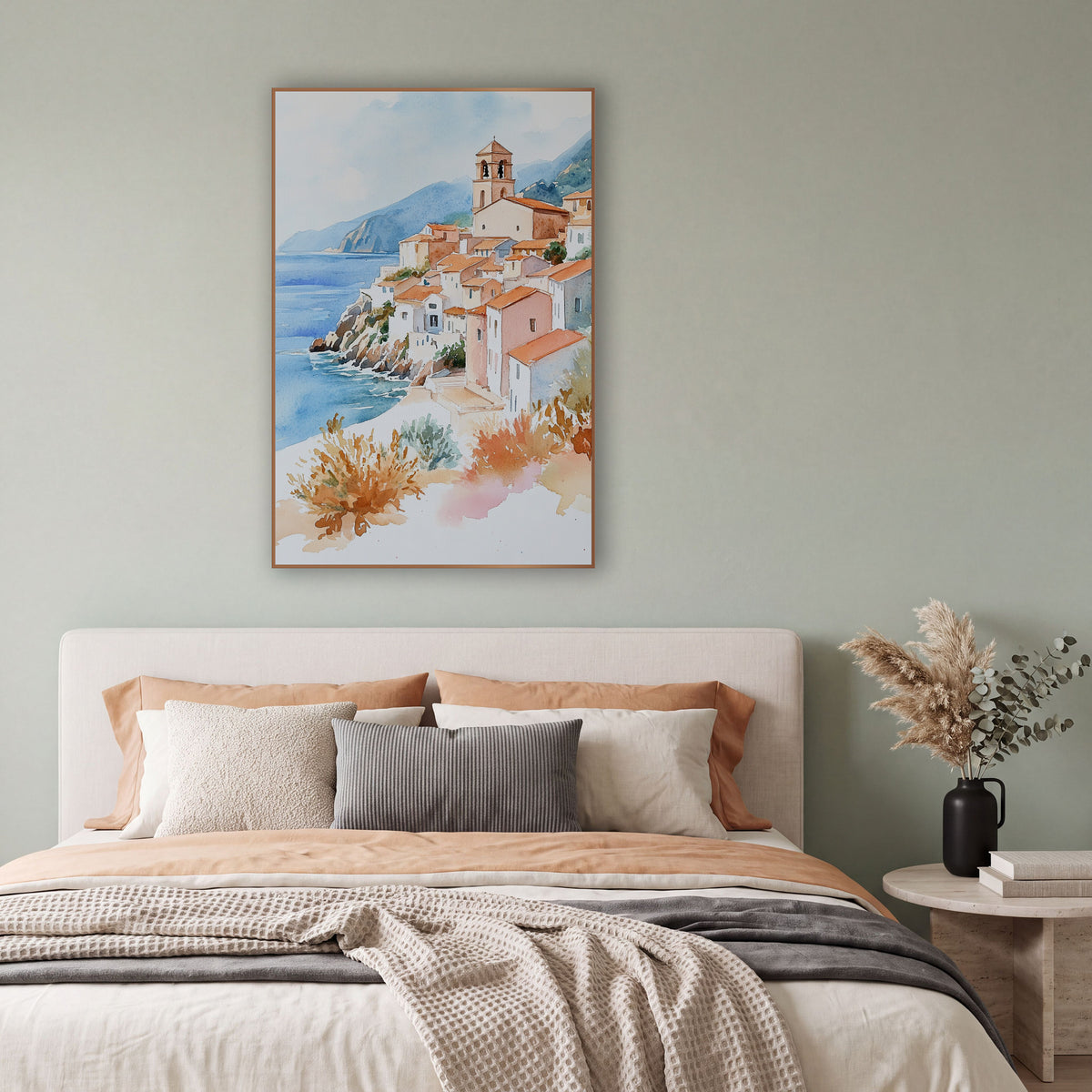 Terracotta Hillside Village Coastal Watercolor wall art in a bright coastal-style room – watercolor of a hillside