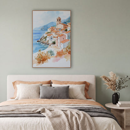 Terracotta Hillside Village Coastal Watercolor wall art in a bright coastal-style room – watercolor of a hillside