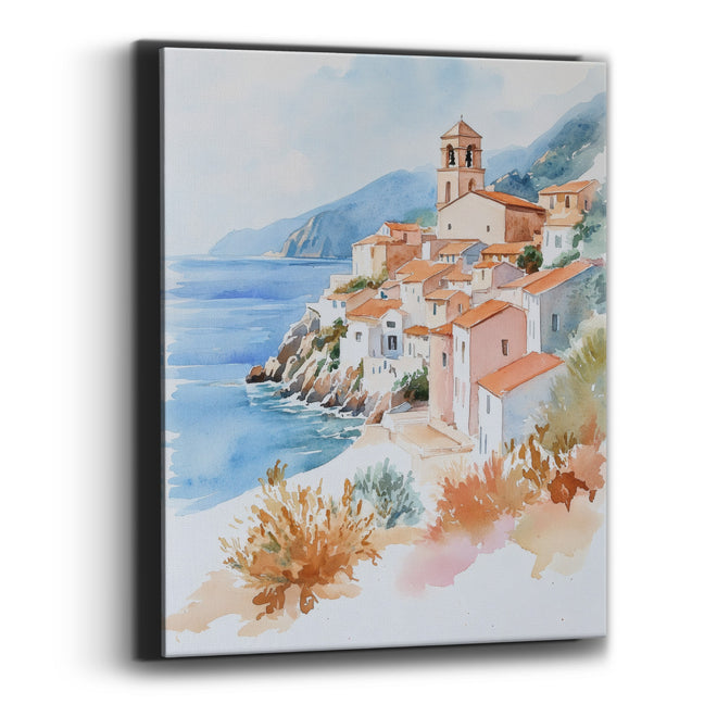Terracotta Hillside Village Coastal Watercolor Canvas Wall Art