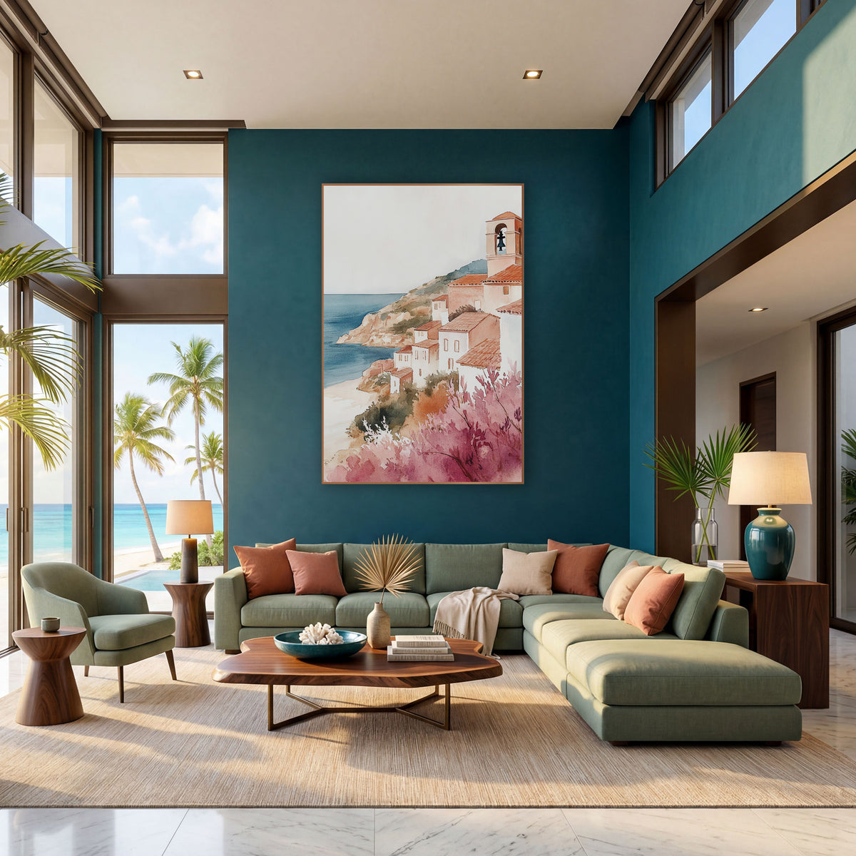 Pink Blossom Hillside Village Coastal wall art in a bright coastal-style room – watercolor-style seaside village
