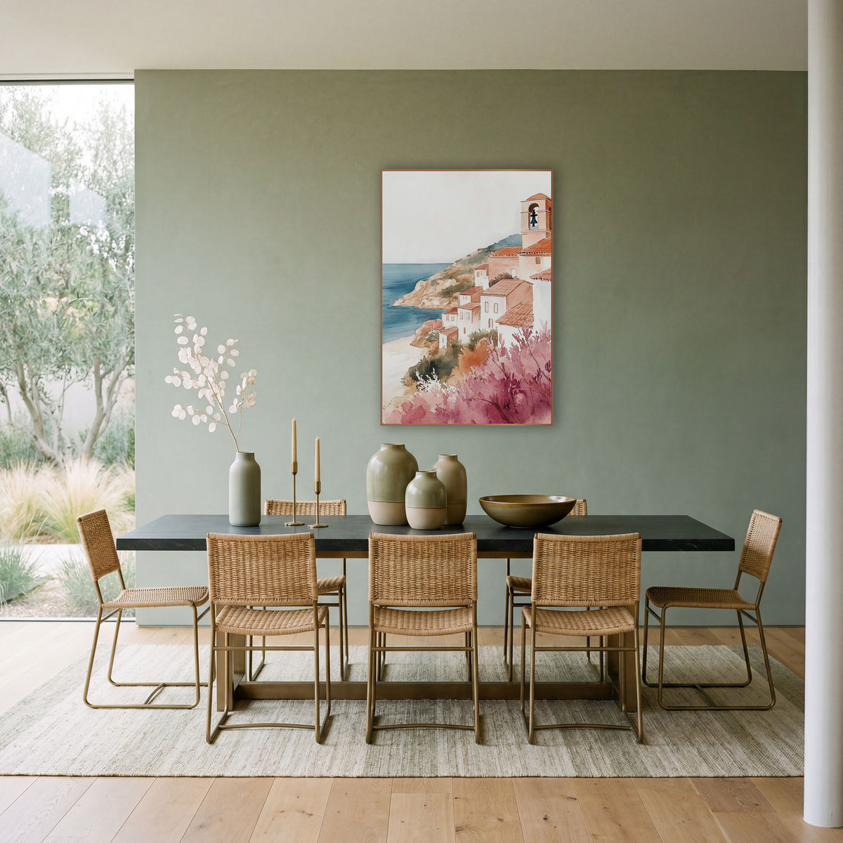 Pink Blossom Hillside Village Coastal wall art in a bright coastal-style room – watercolor-style seaside village