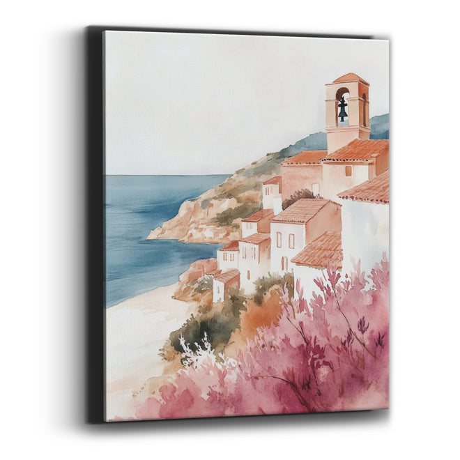 Pink Blossom Hillside Village Coastal Canvas Wall Art
