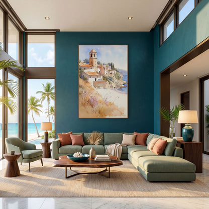 Sunlit Dome Tower Seaside Boho wall art in a bright coastal-style room – watercolor-style seaside village with a domed