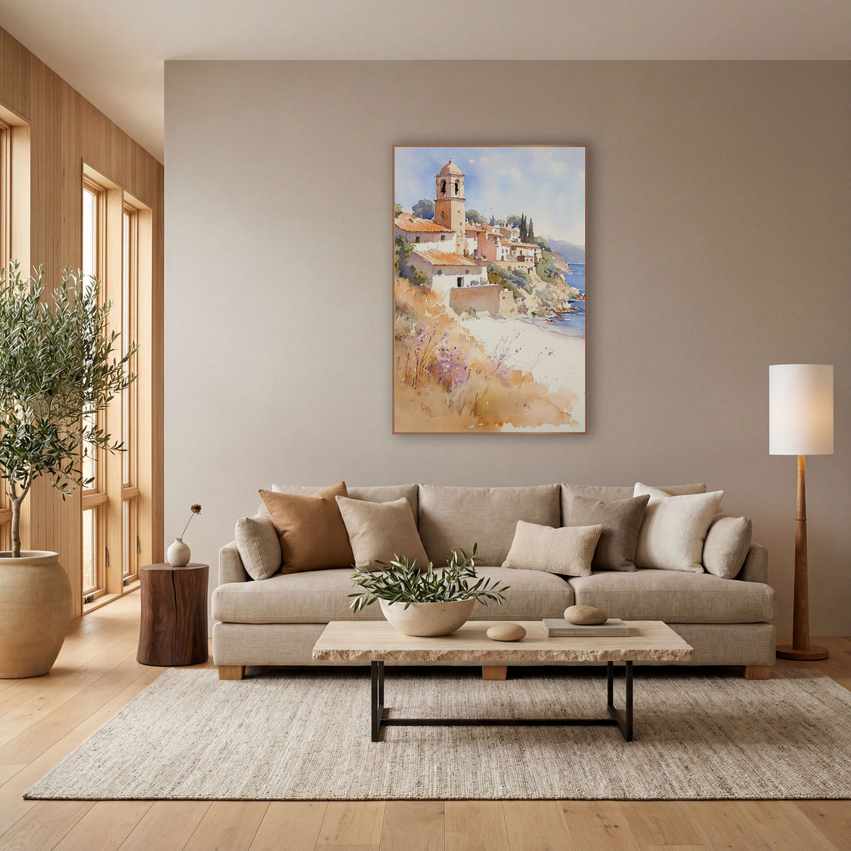 Sunlit Dome Tower Seaside Boho wall art in a bright coastal-style room – watercolor-style seaside village with a domed