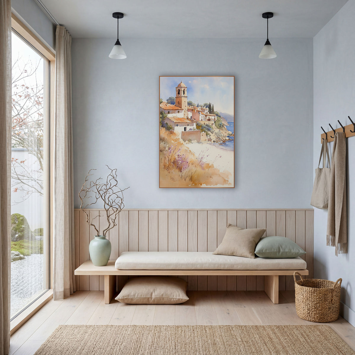 Sunlit Dome Tower Seaside Boho wall art in a bright coastal-style room – watercolor-style seaside village with a domed