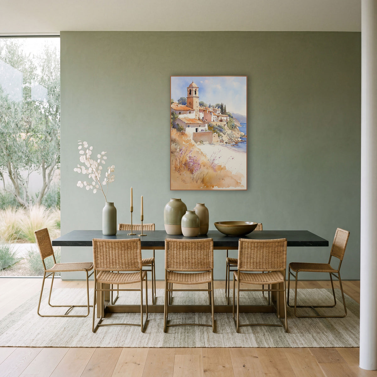 Sunlit Dome Tower Seaside Boho wall art in a bright coastal-style room – watercolor-style seaside village with a domed
