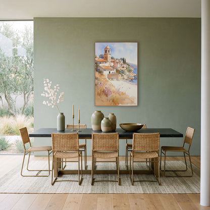 Sunlit Dome Tower Seaside Boho wall art in a bright coastal-style room – watercolor-style seaside village with a domed