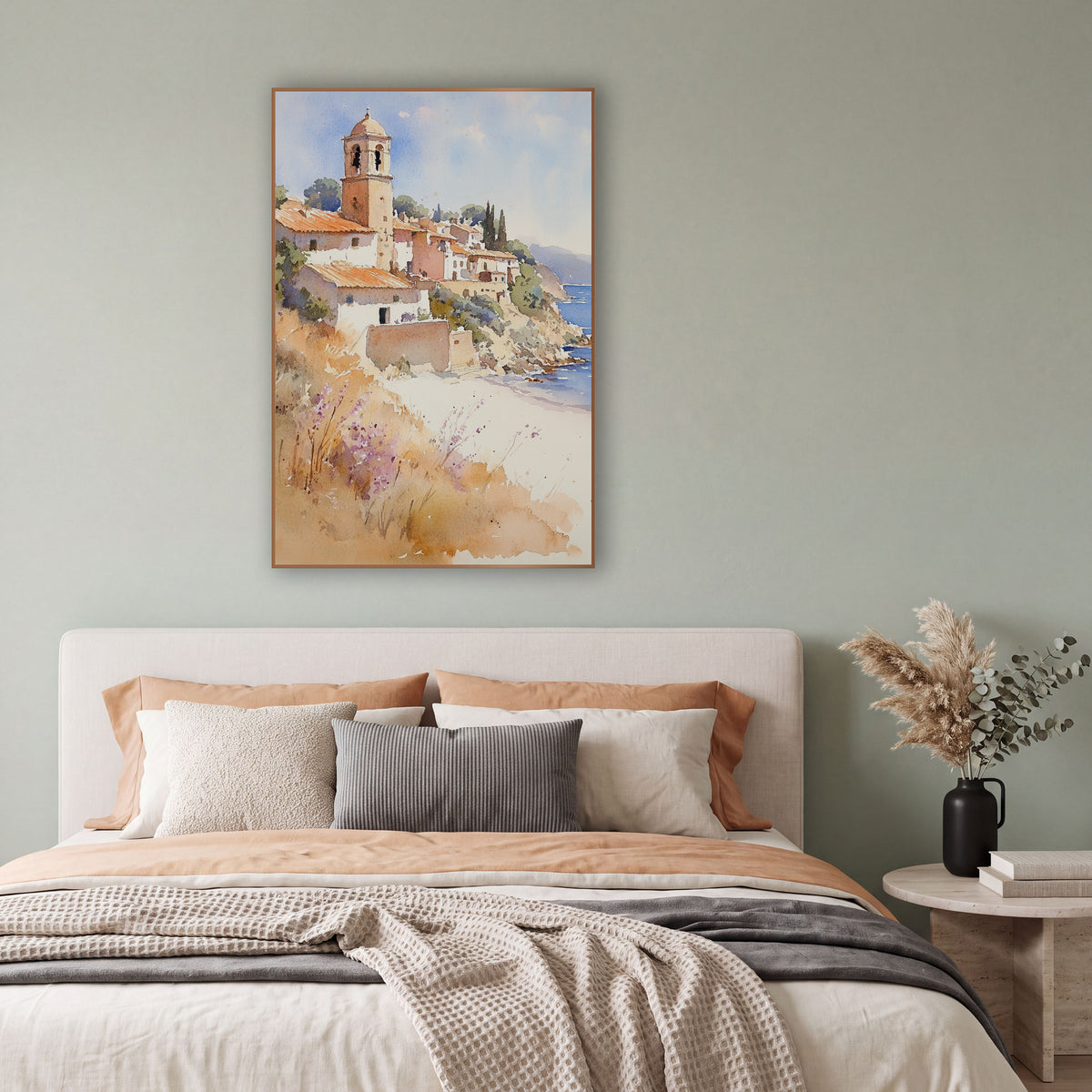 Sunlit Dome Tower Seaside Boho wall art in a bright coastal-style room – watercolor-style seaside village with a domed