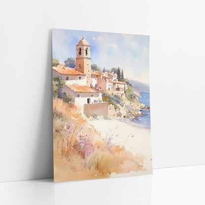 Sunlit Dome Tower Seaside Boho art print leaning against a white wall – watercolor-style seaside village with a domed bell