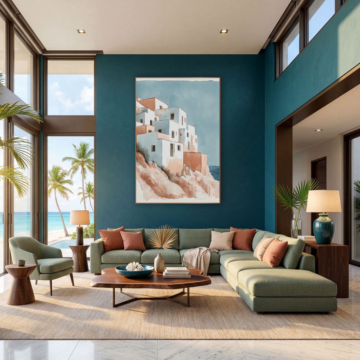 Whitewashed Cliffside Village Coastal Watercolor wall art in a bright coastal-style room – watercolor-style cliffside
