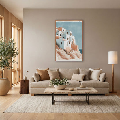 Whitewashed Cliffside Village Coastal Watercolor wall art in a bright coastal-style room – watercolor-style cliffside