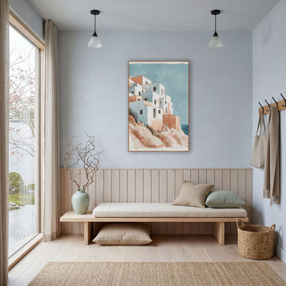 Whitewashed Cliffside Village Coastal Watercolor wall art in a bright coastal-style room – watercolor-style cliffside