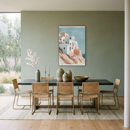 Whitewashed Cliffside Village Coastal Watercolor wall art in a bright coastal-style room – watercolor-style cliffside