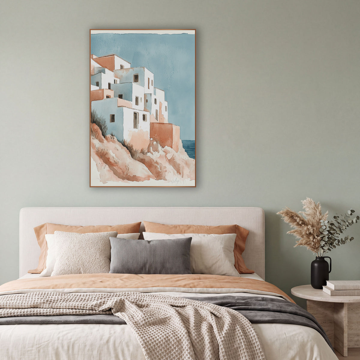 Whitewashed Cliffside Village Coastal Watercolor wall art in a bright coastal-style room – watercolor-style cliffside
