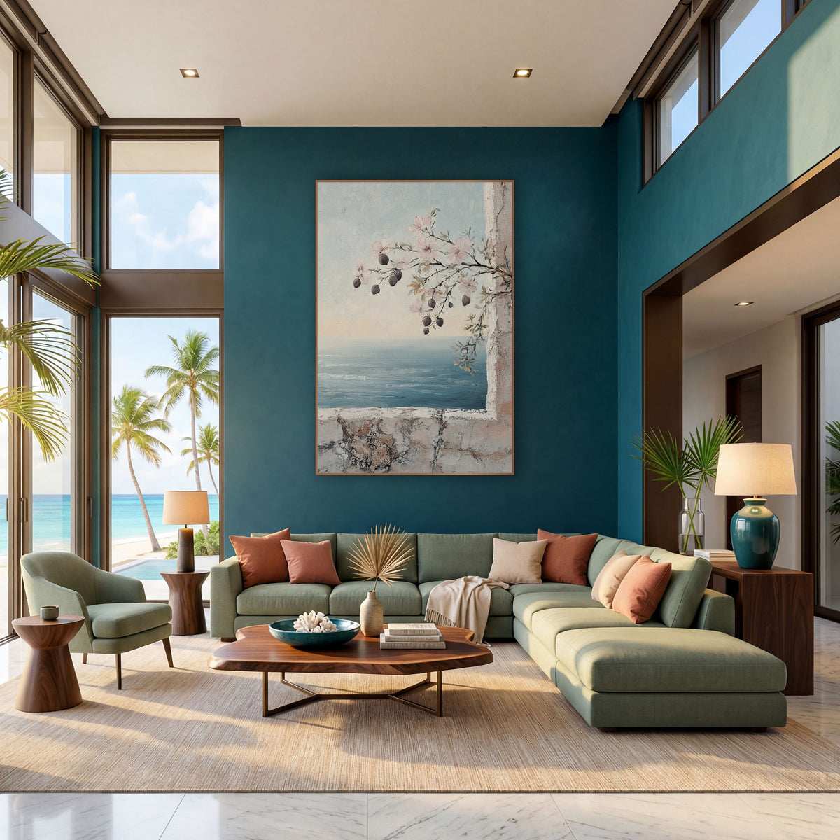 Pink Blossom Branch Seaside Coastal wall art in a bright coastal-style room – pink blossom branch with dark buds