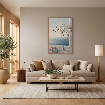 Pink Blossom Branch Seaside Coastal wall art in a bright coastal-style room – pink blossom branch with dark buds
