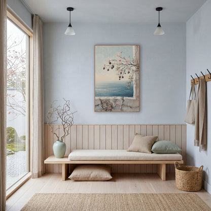 Pink Blossom Branch Seaside Coastal wall art in a bright coastal-style room – pink blossom branch with dark buds